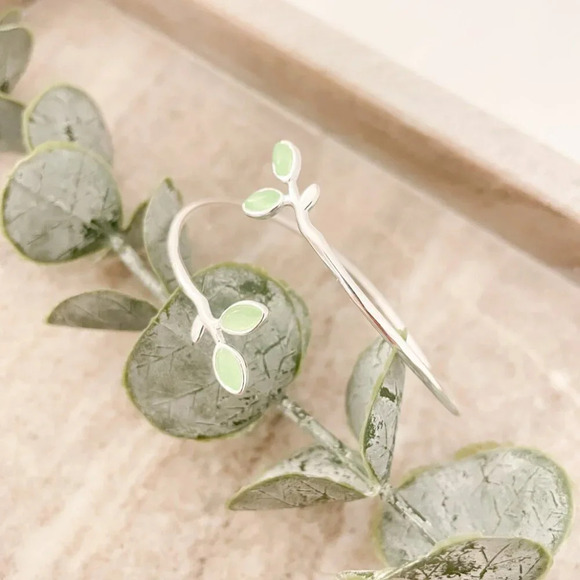 925 Sterling Silver Green Flower Cuff Bracelet Leaf Bracelet Silver Bangle Cuff - Picture 4 of 5